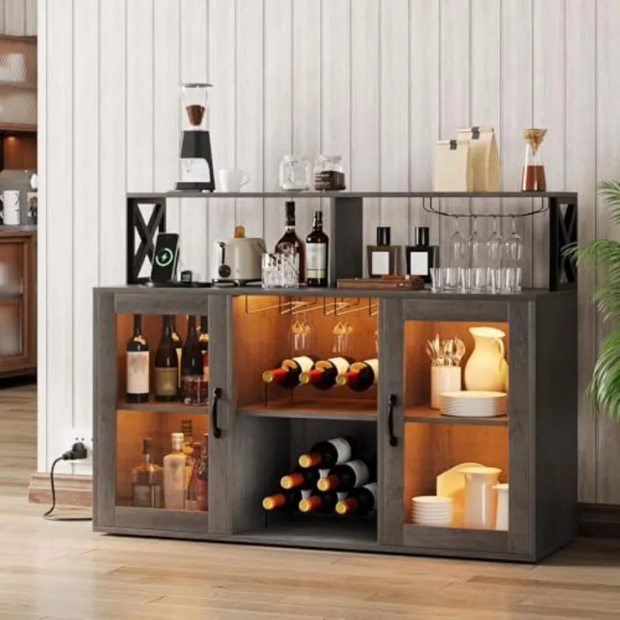 47" Wine Cabinet with LED Light, Home Coffee Cabinet with Wine Rack and Glass Holder, Coffee Bar Buffet Sideboard Storage with