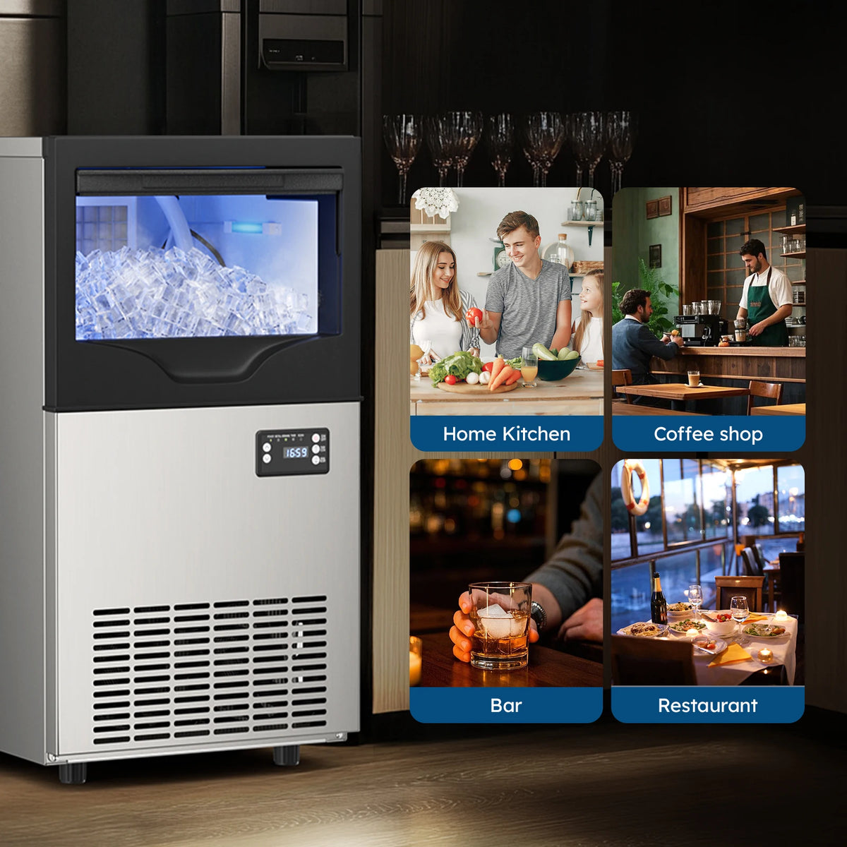 Commercial Ice Maker Machine, Under Counter Ice Maker, 22~33Lbs Stainless Steel Storage Capacity, 12 Adjustable Thickness Settings, Self-Cleaning, Ideal for Home, Cafe, Clinic