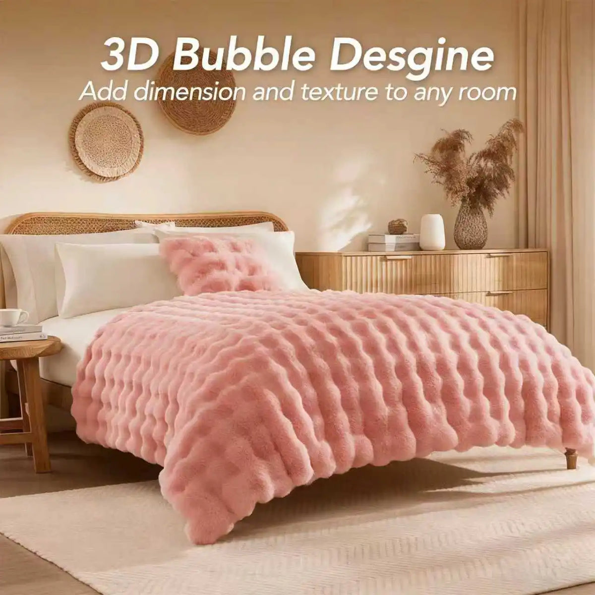 ROSEKIND 1pc Soft Weighted Faux Fur Rabbit Bubble Blanket, 1000GSM, 90*108 Inch, Warm & Thick for Bed, Sofa, Office, Dorm, Camping, Multifunctional & Durable Blanket as Perfect Gift, Available in 10 Color as Stylish Home Deco