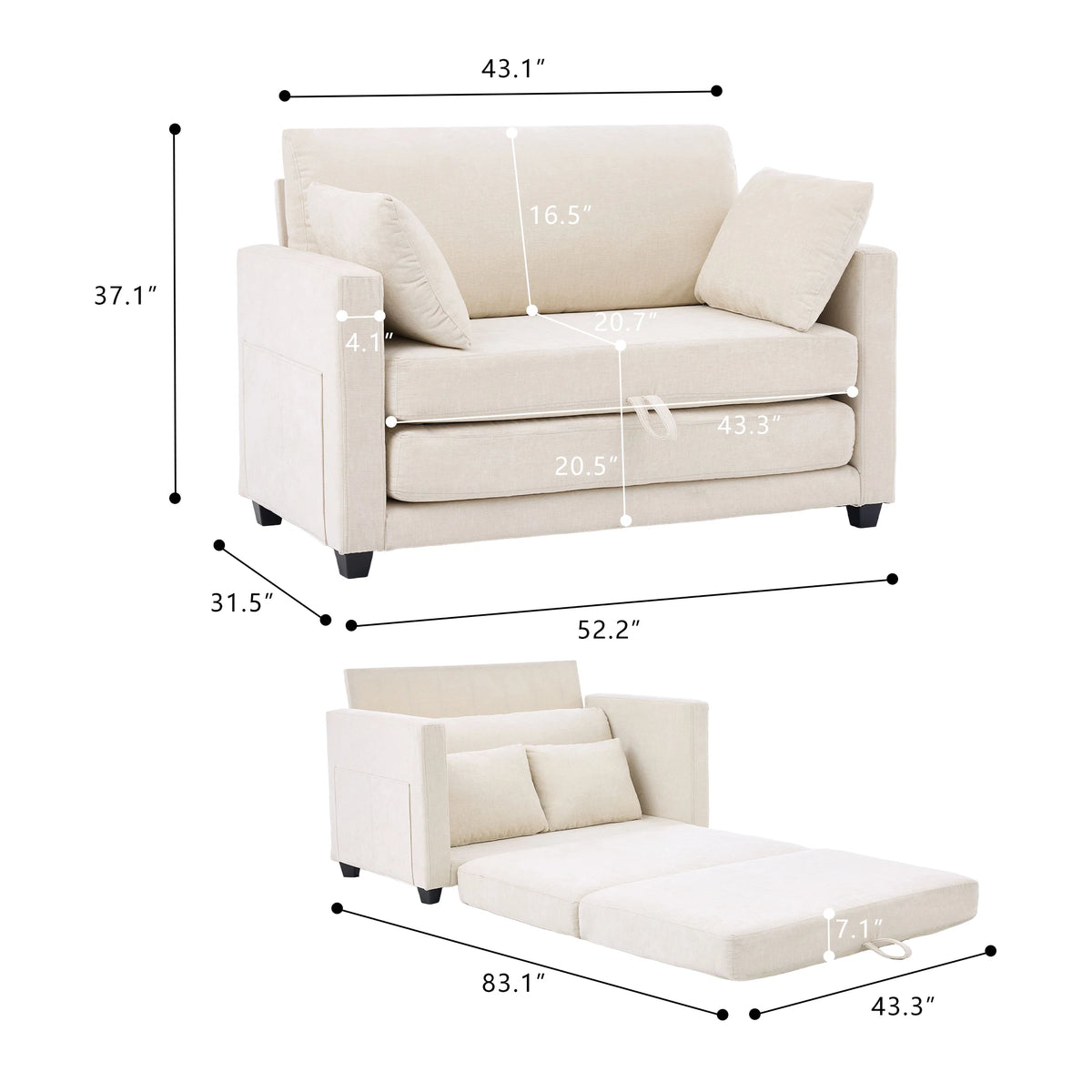 GAOHAPY Modern 2 In 1 Convertible Loveseat Sleeper Sofa Bed
