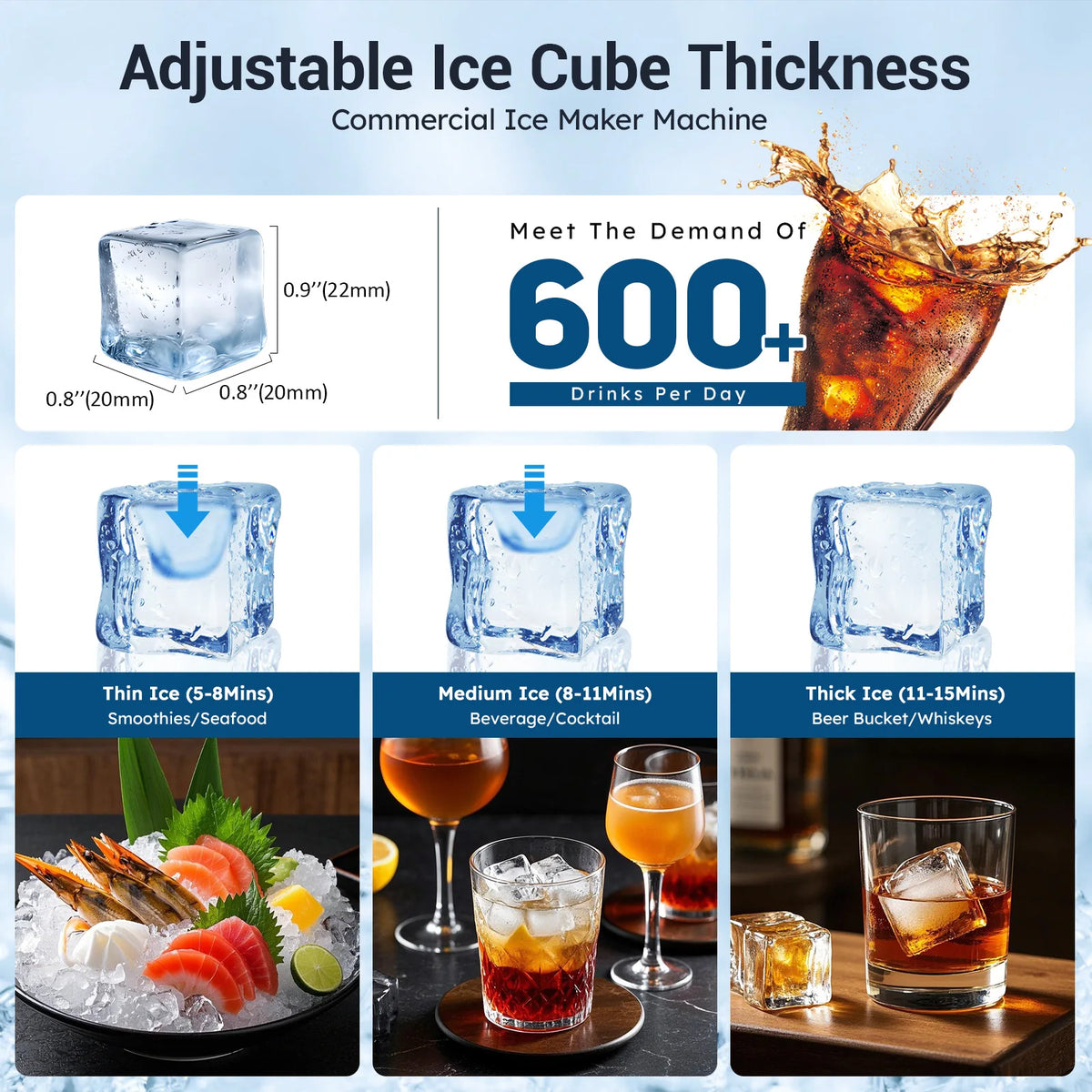 Commercial Ice Maker Machine, Under Counter Ice Maker, 22~33Lbs Stainless Steel Storage Capacity, 12 Adjustable Thickness Settings, Self-Cleaning, Ideal for Home, Cafe, Clinic