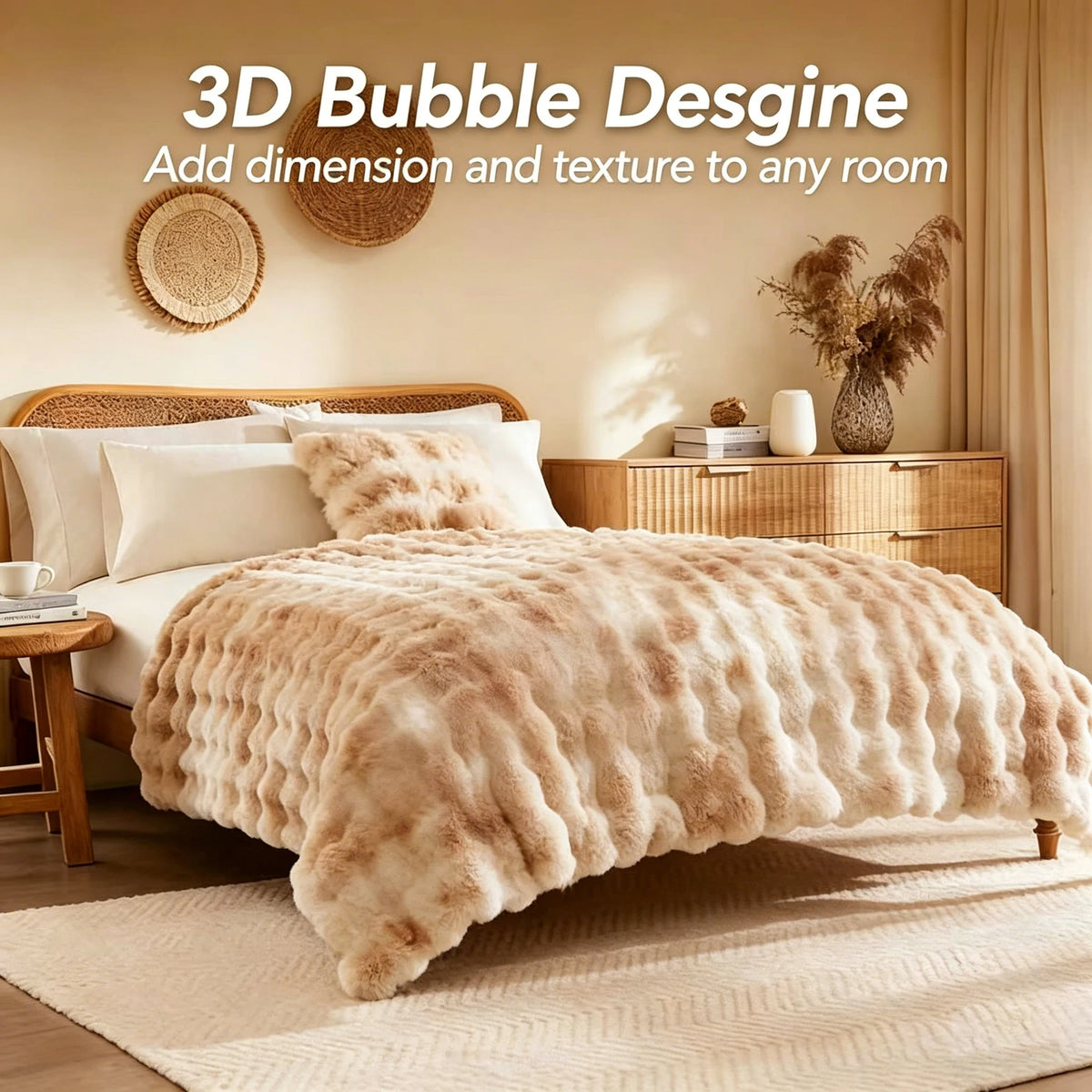 ROSEKIND 1pc Soft Weighted Faux Fur Rabbit Bubble Blanket, 1000GSM, 90*108 Inch, Warm & Thick for Bed, Sofa, Office, Dorm, Camping, Multifunctional & Durable Blanket as Perfect Gift, Available in 10 Color as Stylish Home Deco