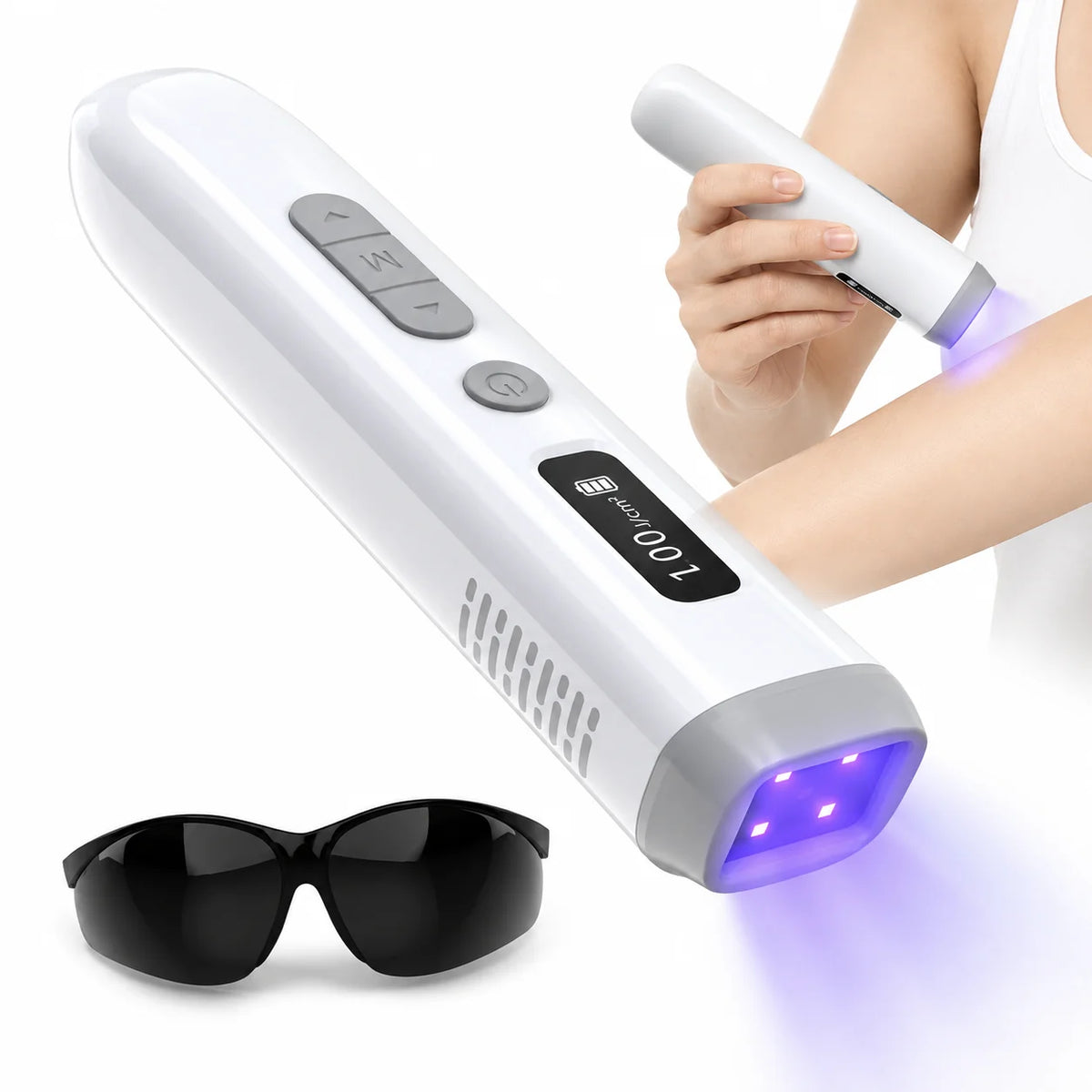 308nm UVB Light Therapy Device Handheld Narrowband Phototherapy Lamp with Adjustable Dose Digital Display 15x15mm Targeted Care Area Rechargeable Portable Home Use for Hands Arms Legs Neck Body Skin Care Includes Protective G