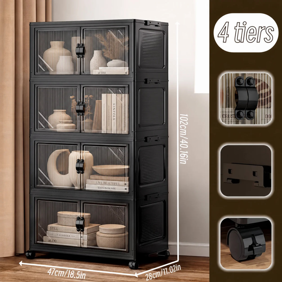 4 Tier Modular Foldable Stackable Storage Cabinet, No Assembly Collapsible Organizer with Smoky Fluted Glass Double Doors & Dual Secure Latches, Dustproof Rolling Storage Unit with Lockable Universal Casters for Living Room B