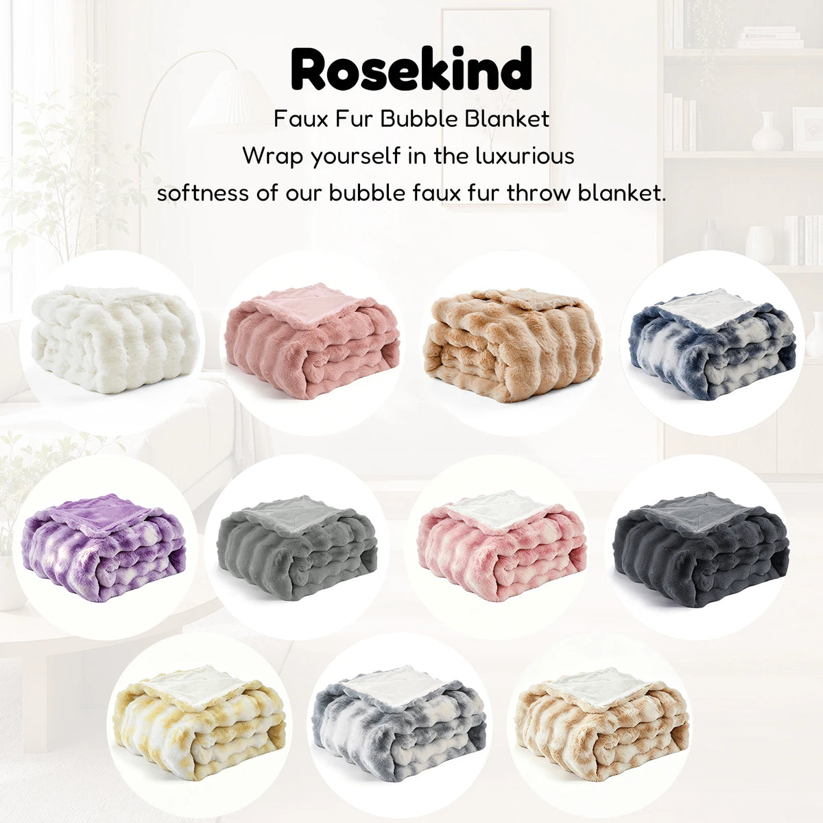 ROSEKIND 1pc Soft Weighted Faux Fur Rabbit Bubble Blanket, 1000GSM, 90*108 Inch, Warm & Thick for Bed, Sofa, Office, Dorm, Camping, Multifunctional & Durable Blanket as Perfect Gift, Available in 10 Color as Stylish Home Deco