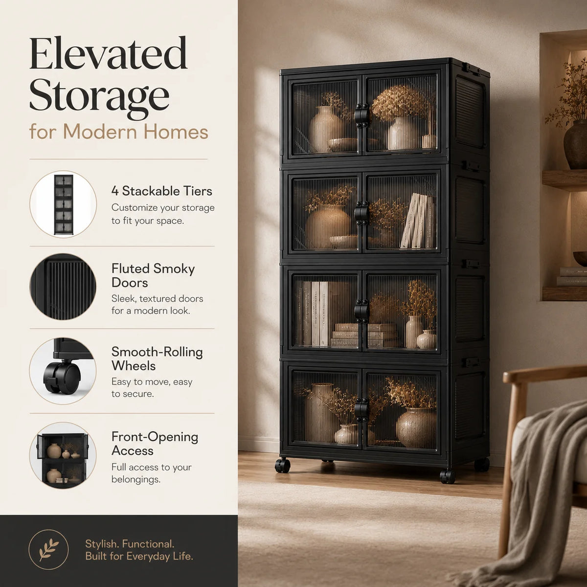 4 Tier Modular Foldable Stackable Storage Cabinet, No Assembly Collapsible Organizer with Smoky Fluted Glass Double Doors & Dual Secure Latches, Dustproof Rolling Storage Unit with Lockable Universal Casters for Living Room B