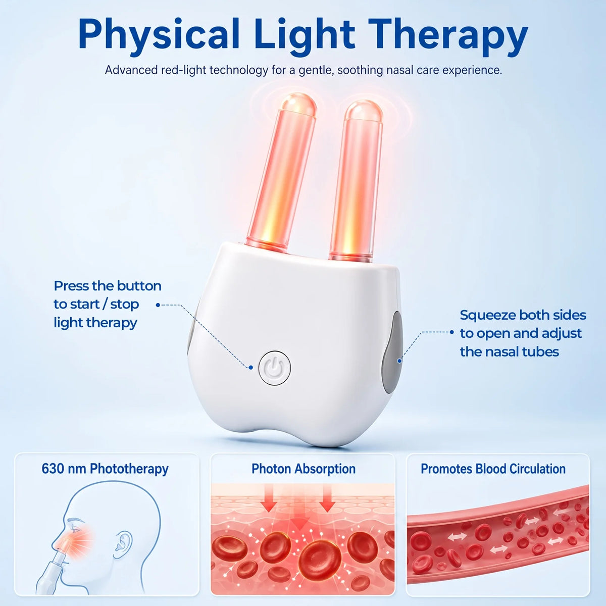 630nm Red Light Nasal Care Device Portable Rechargeable Nose Light Therapy with 5 Minute Auto Timer Adjustable Nasal Tubes Lightweight 14g USB Charging for Daily Nasal Comfort Dry Nose Care Home Travel Adults Personal Wellnes