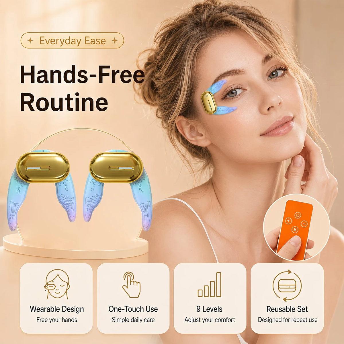 EMS Eye Massager for Women Wireless LED Eye Care Device Reusable Electric Under Eye Lift Patches, 3 Modes 3 Intensity Levels, 9 Comfort Settings for Dark Circles, Puffiness, Fine Lines, Firming, Portable Daily Eye Relaxation