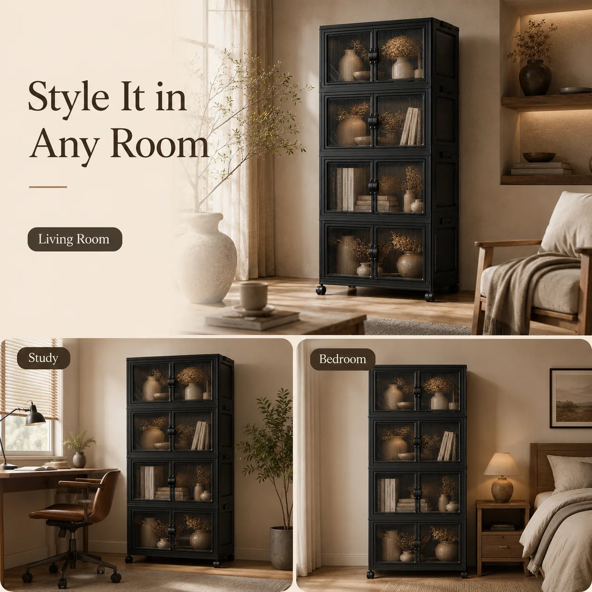 4 Tier Modular Foldable Stackable Storage Cabinet, No Assembly Collapsible Organizer with Smoky Fluted Glass Double Doors & Dual Secure Latches, Dustproof Rolling Storage Unit with Lockable Universal Casters for Living Room B