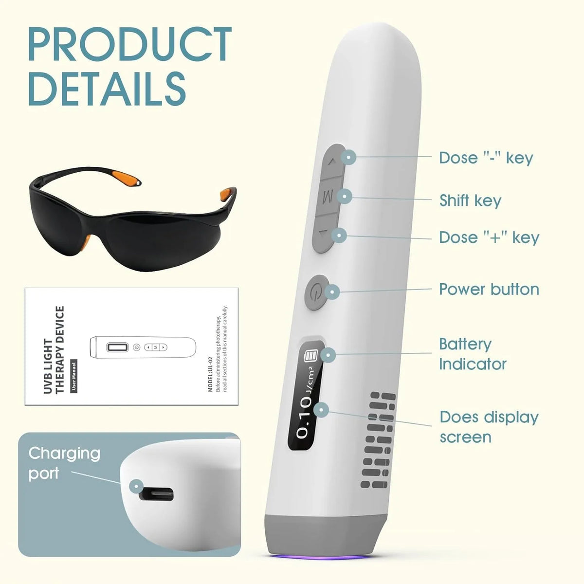 308nm UVB Light Therapy Device Handheld Narrowband Phototherapy Lamp with Adjustable Dose Digital Display 15x15mm Targeted Care Area Rechargeable Portable Home Use for Hands Arms Legs Neck Body Skin Care Includes Protective G