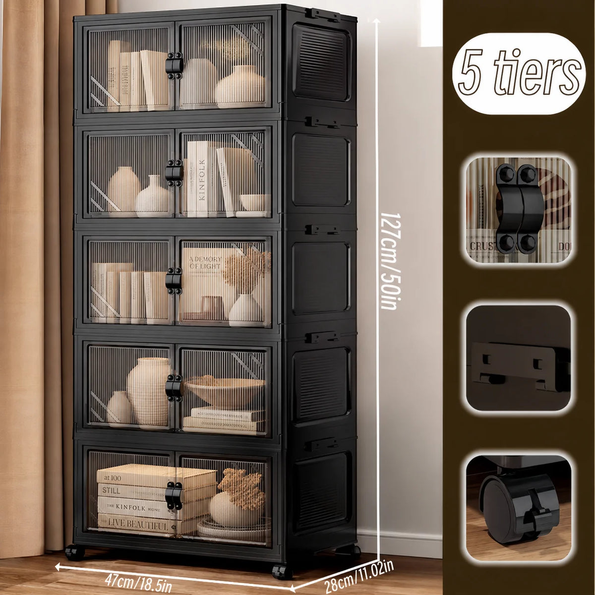 4 Tier Modular Foldable Stackable Storage Cabinet, No Assembly Collapsible Organizer with Smoky Fluted Glass Double Doors & Dual Secure Latches, Dustproof Rolling Storage Unit with Lockable Universal Casters for Living Room B