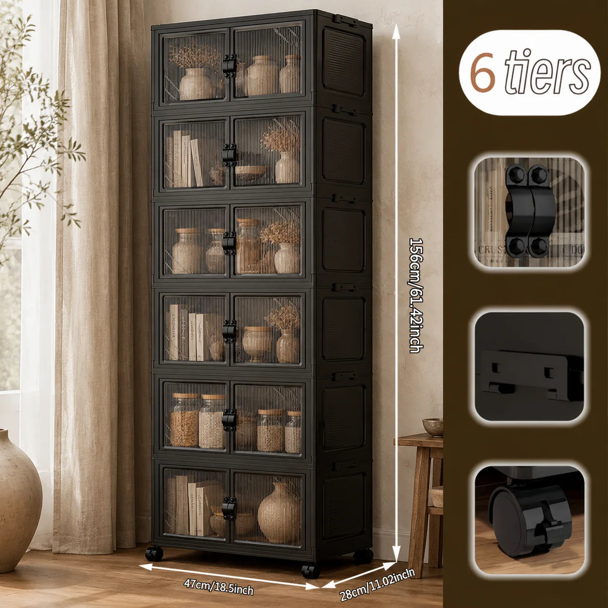4 Tier Modular Foldable Stackable Storage Cabinet, No Assembly Collapsible Organizer with Smoky Fluted Glass Double Doors & Dual Secure Latches, Dustproof Rolling Storage Unit with Lockable Universal Casters for Living Room B