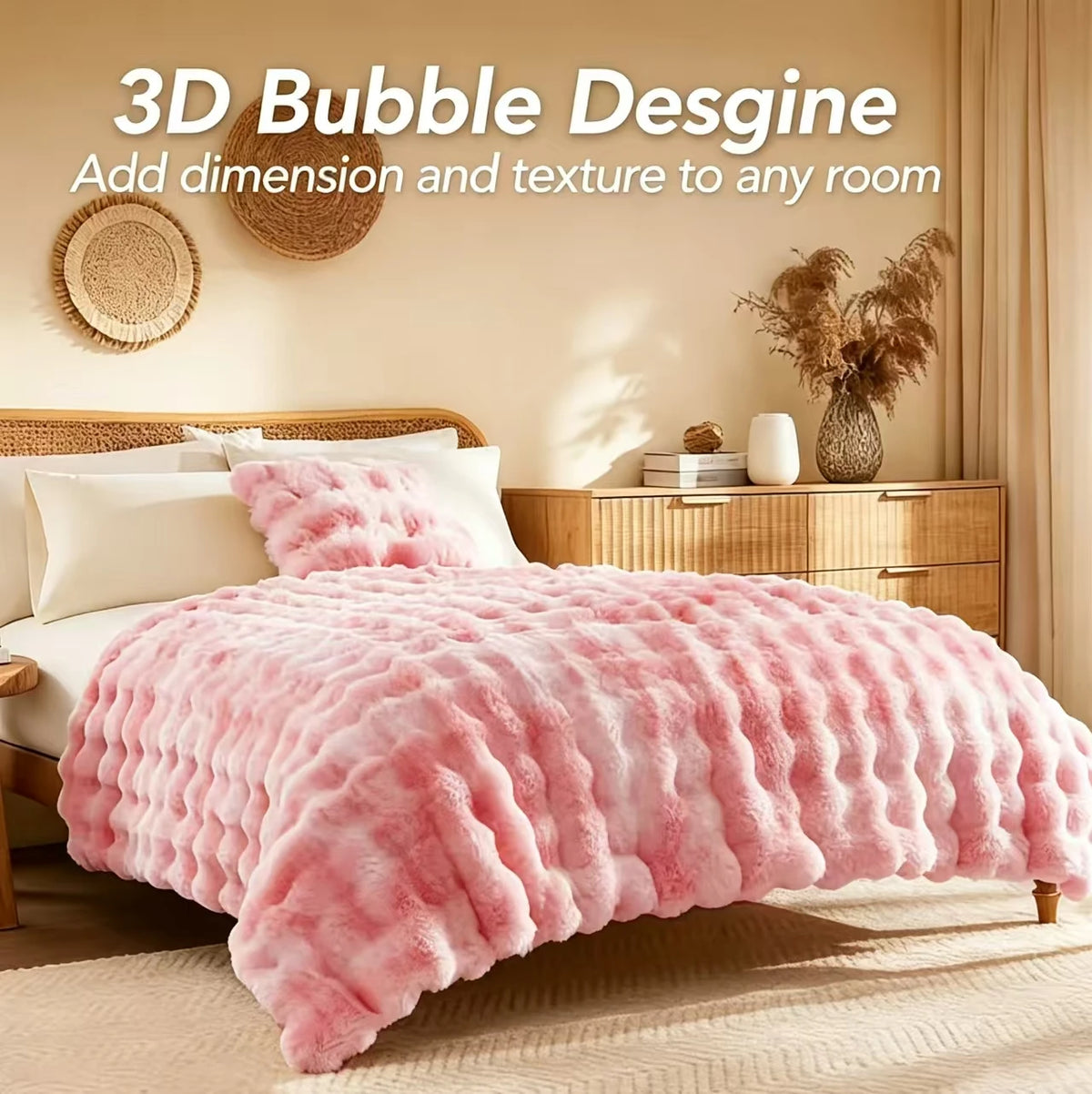 ROSEKIND 1pc Soft Weighted Faux Fur Rabbit Bubble Blanket, 1000GSM, 90*108 Inch, Warm & Thick for Bed, Sofa, Office, Dorm, Camping, Multifunctional & Durable Blanket as Perfect Gift, Available in 10 Color as Stylish Home Deco