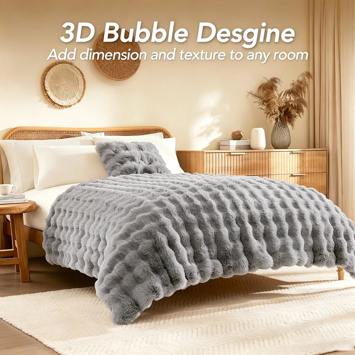ROSEKIND 1pc Soft Weighted Faux Fur Rabbit Bubble Blanket, 1000GSM, 90*108 Inch, Warm & Thick for Bed, Sofa, Office, Dorm, Camping, Multifunctional & Durable Blanket as Perfect Gift, Available in 10 Color as Stylish Home Deco