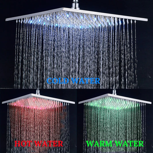 Luxury Brushed Nickel/Chrome/Black LED 16inch Rainfall Shower Head Stainless Steel Square Color Changing Lights Showerhead