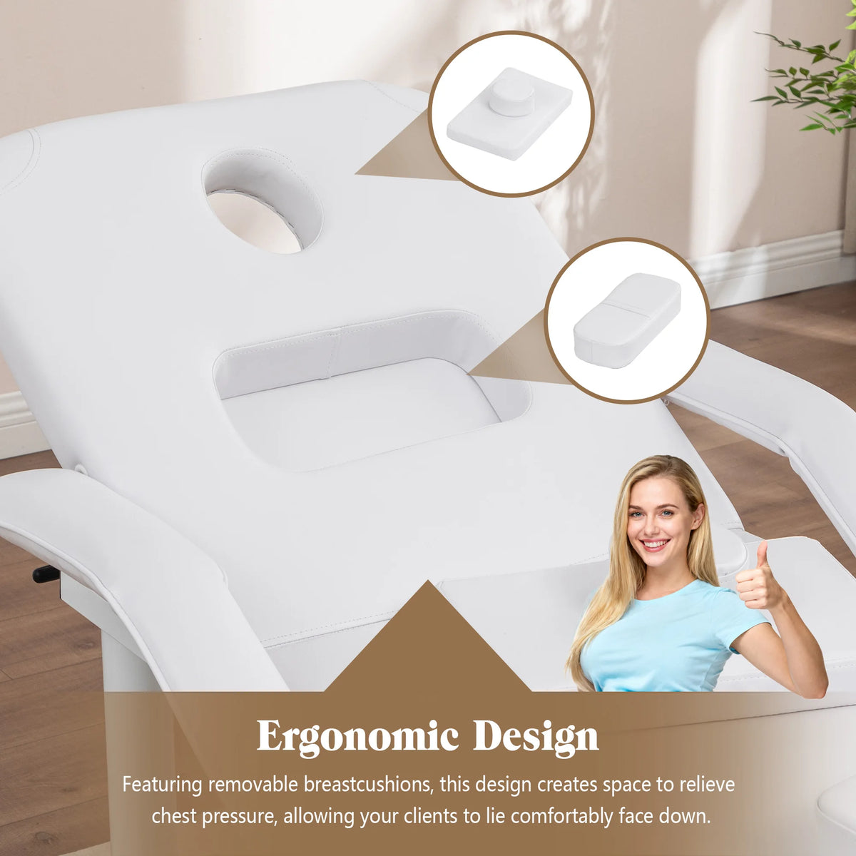 Professional Beauty Bed with Removable Headrest Breast Cushions Armrests and Storage Shelf for Massage Facial Tattoo Spa White
