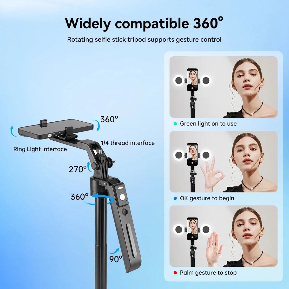 2025 New AI Selfie Stick Tripod, 360° Face Tracking. Multi-func Phone Mount W/ Remote & Fill Light, Adjustable Height, Sturdy Base. Compatible W/ IPhone & Android, For YouTube Recording & Travel Photography. Sleek Metal Fini