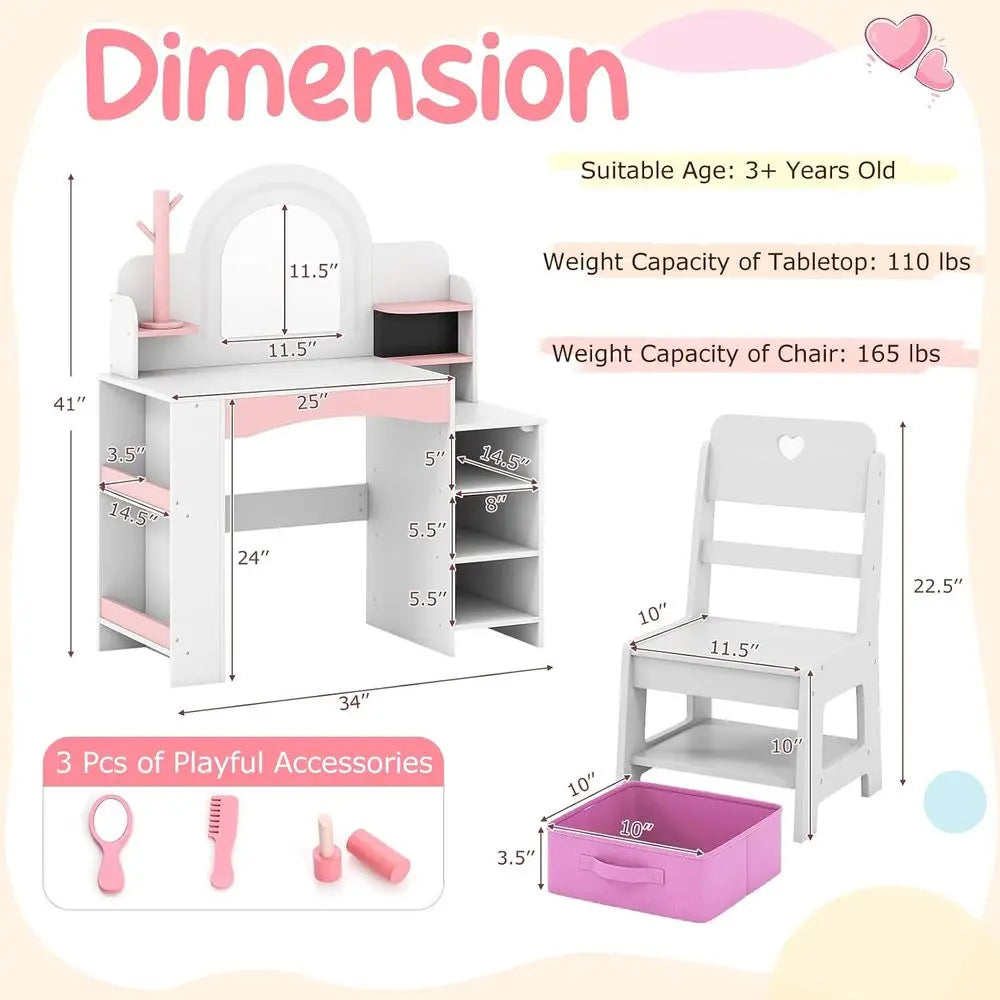 Kids Vanity, Girls Vanity Set with Lighted Mirror, Bookshel, lry Storage, Toddler Makeup Vanity Desk Dring Table, Wooden Kids Va