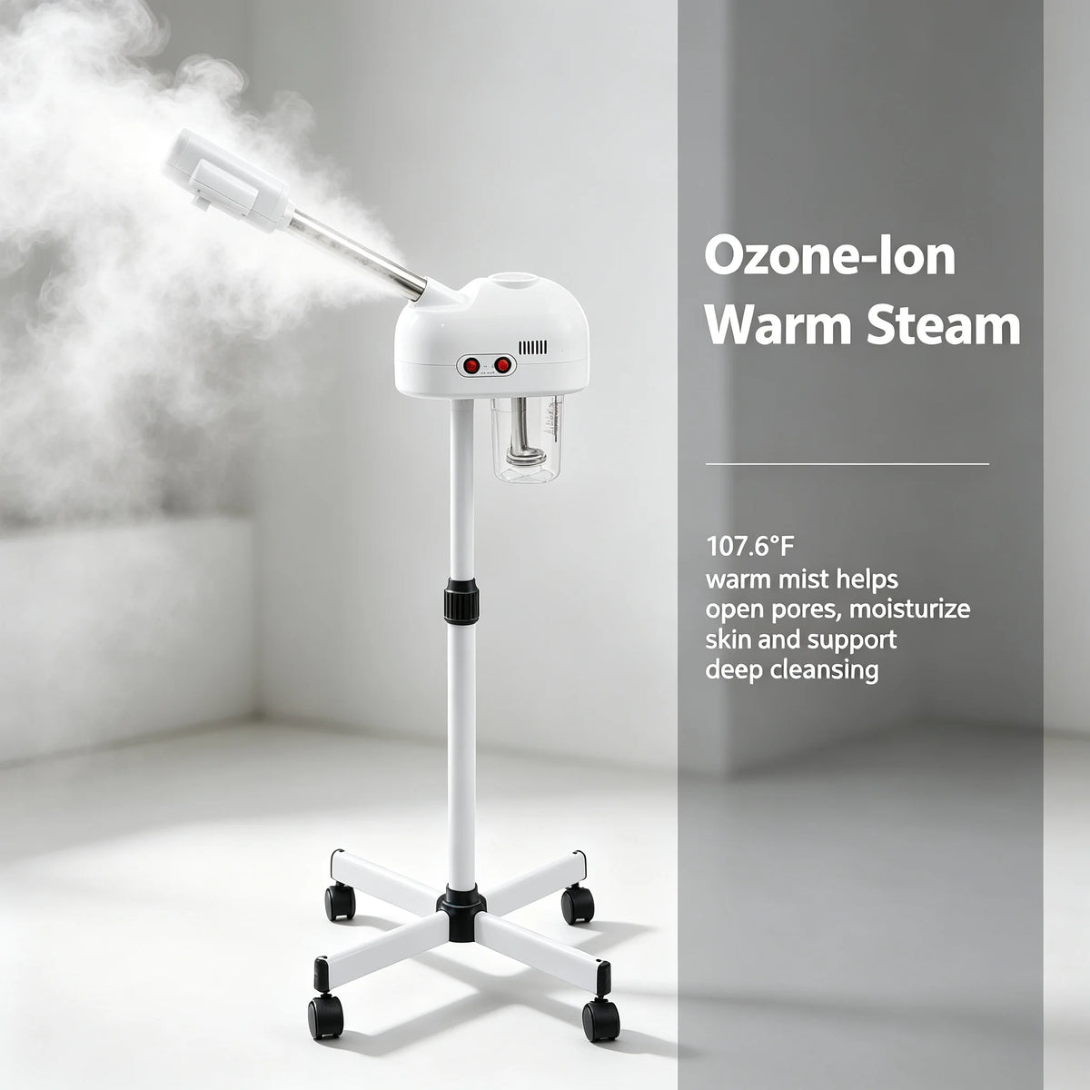 Facial Steamer 800W with Ozone-Ion Steam, 360° Rotatable Design for Salon & Home Spa, Professional Skin Care Machine with 0.2Gal Tank & Adjustable Height, White