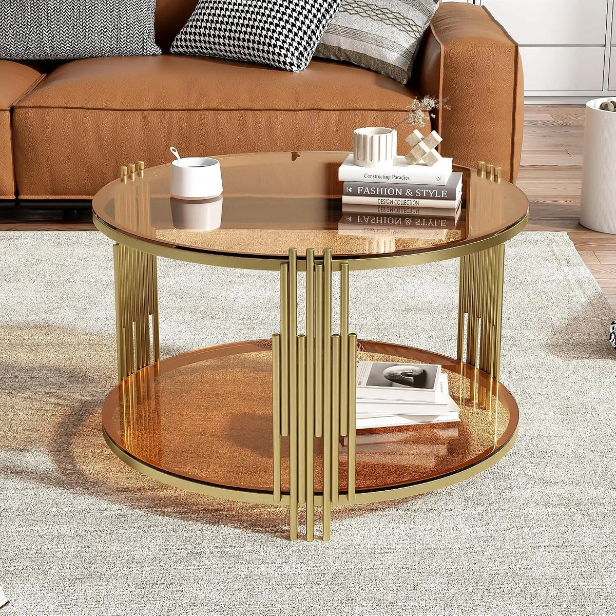 Modern Round Nesting Coffee Table with Marble Top, White & Gold Nesting Coffee Table Set of 2 Center Table with, Customized