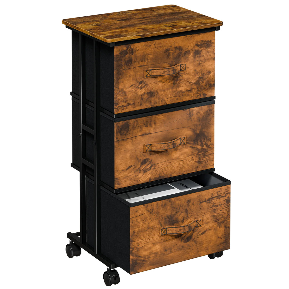MCQ Movable Roller Cabinet With 3 Foldable Fabric Drawers Wooden Top Dresser Tables With Steel Structure Display Of Furniture