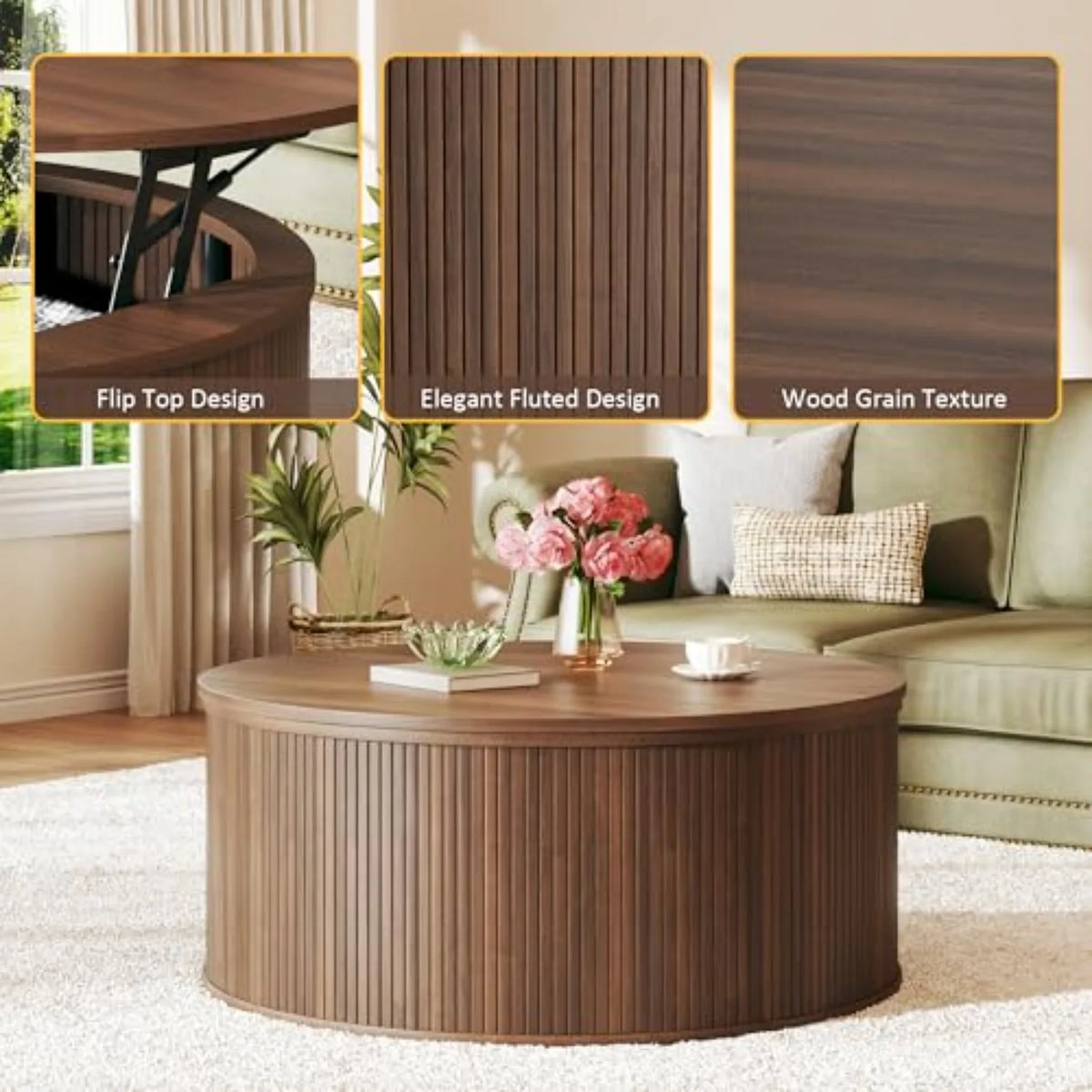 Coffee Table with Storage, 37.4" Lift Top Table for Living Room, Mid Century Modern Coffee Table with Sliding Fluted Doors
