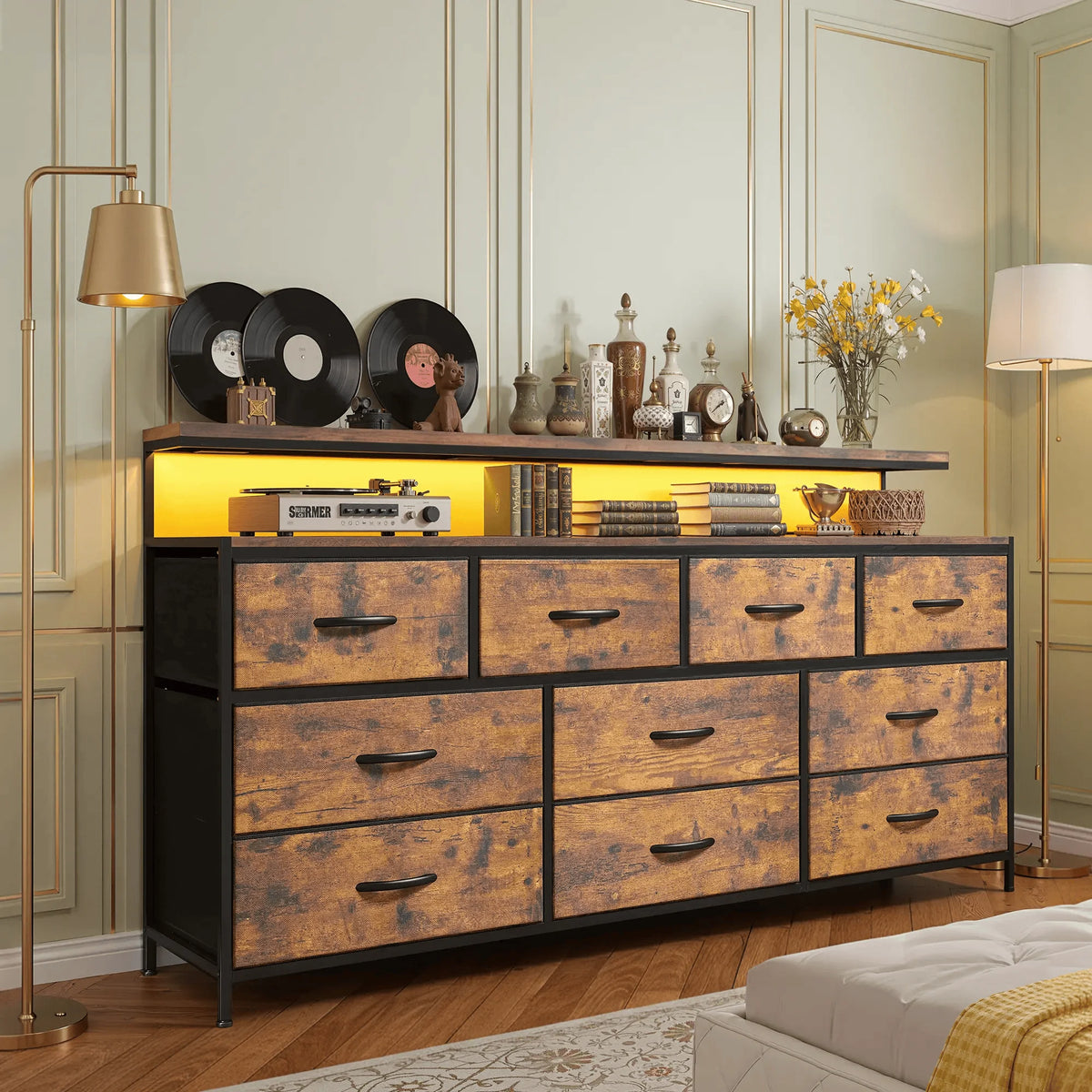 EnHomee 55" Multi-Function Dresser – 10 Spacious Fabric Drawers (Long Drawers), LED Lighting & AC Outlets, Metal Frame – For Bedroom or Hallway