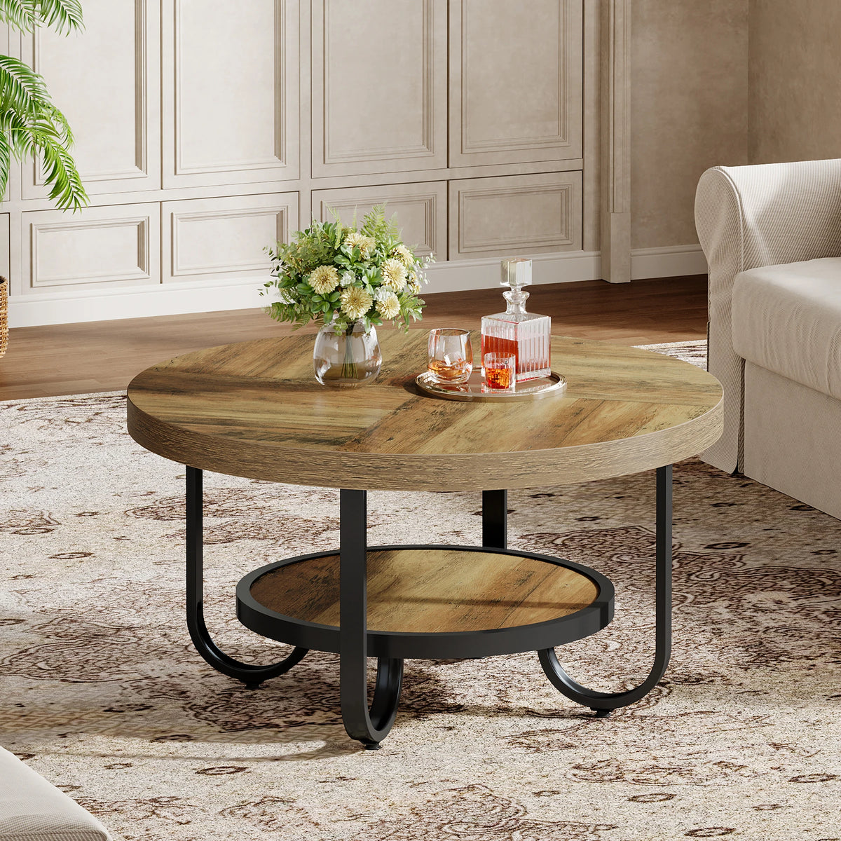 Tribesigns Round Coffee Table With Two Tier Storage Shelf