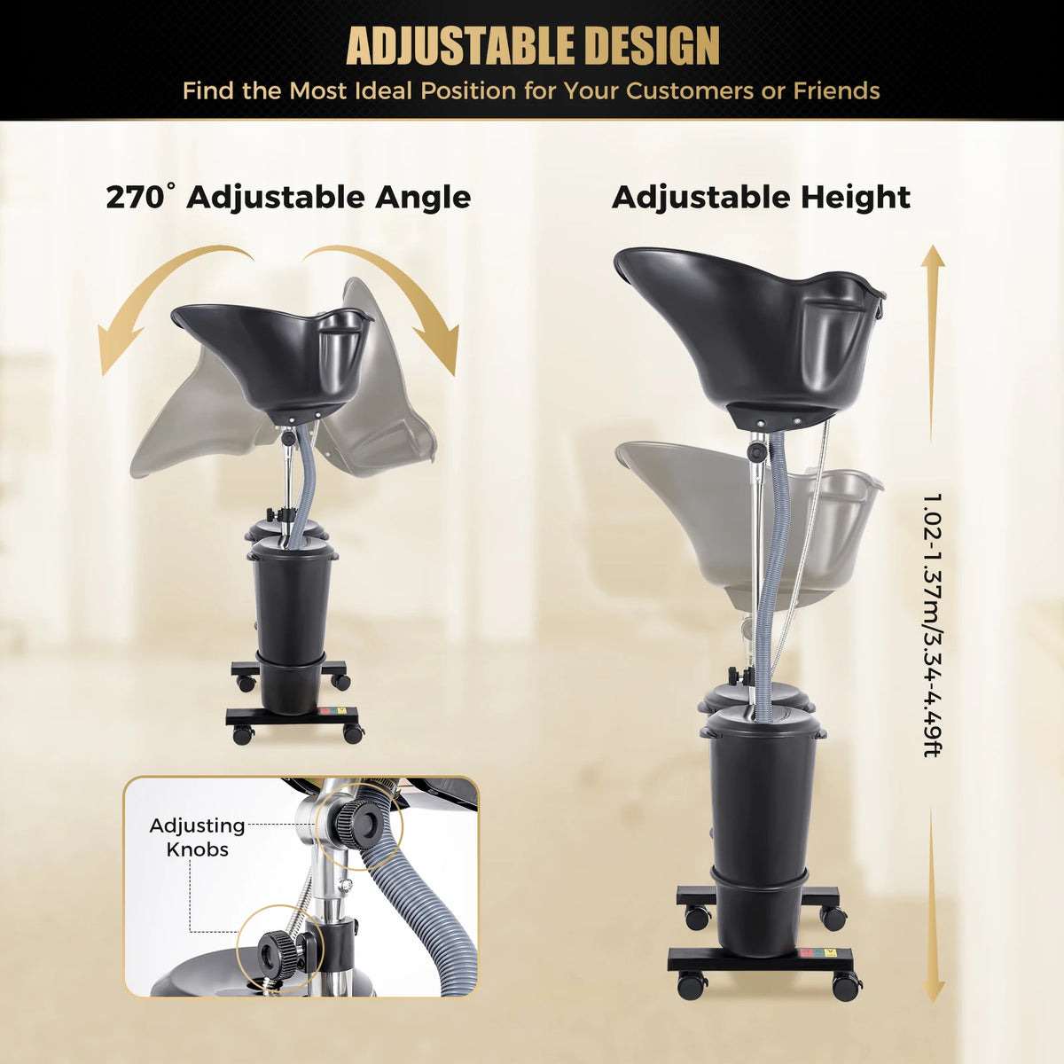 Portable Shampoo Basin with 2 Water Buckets, 30cm Deep Salon Hair Washing Sink, Adjustable Height Angle Mobile Shampoo Bowl Unit