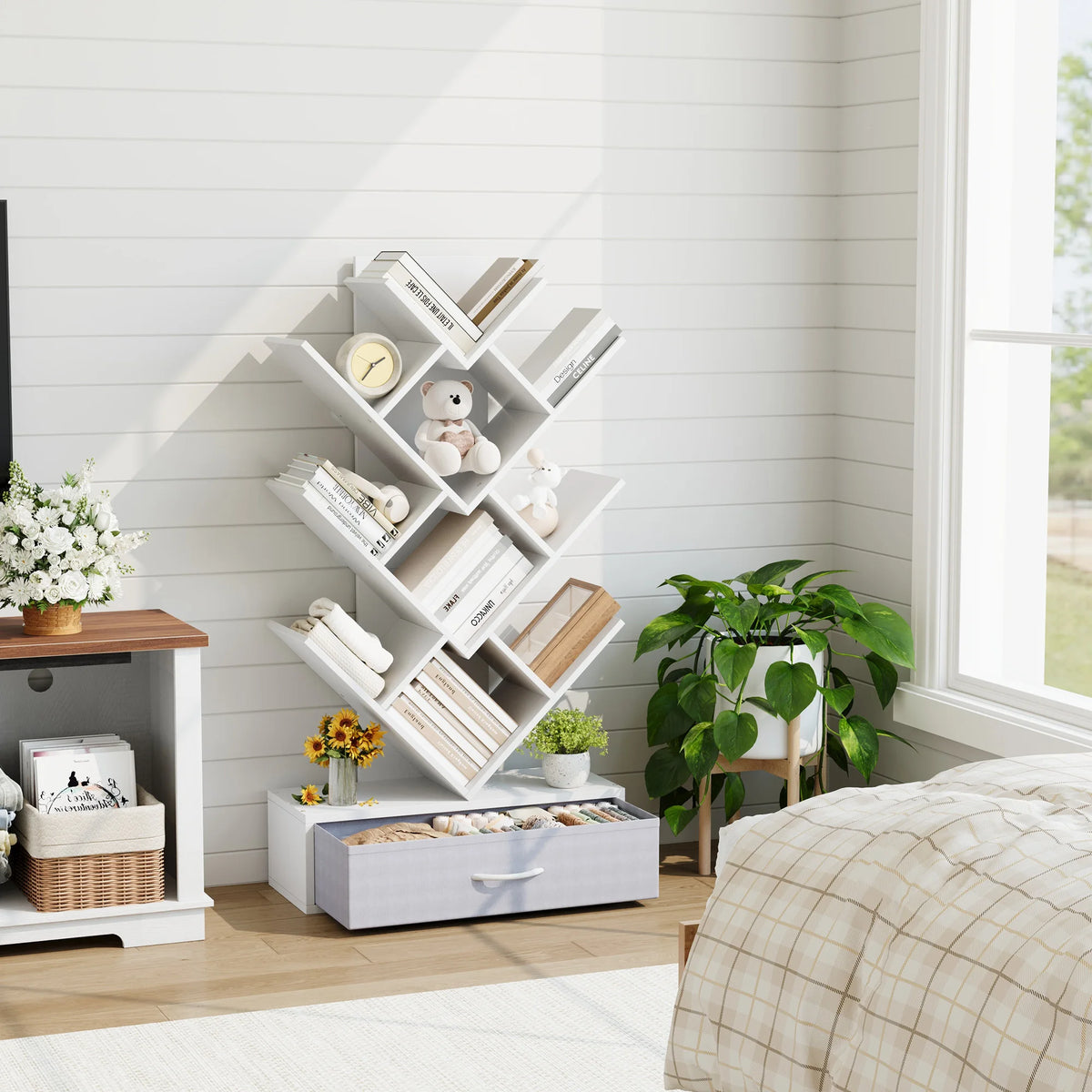 HiMISS Tree Bookshelf With LED Lights And Fabric Drawer Storage