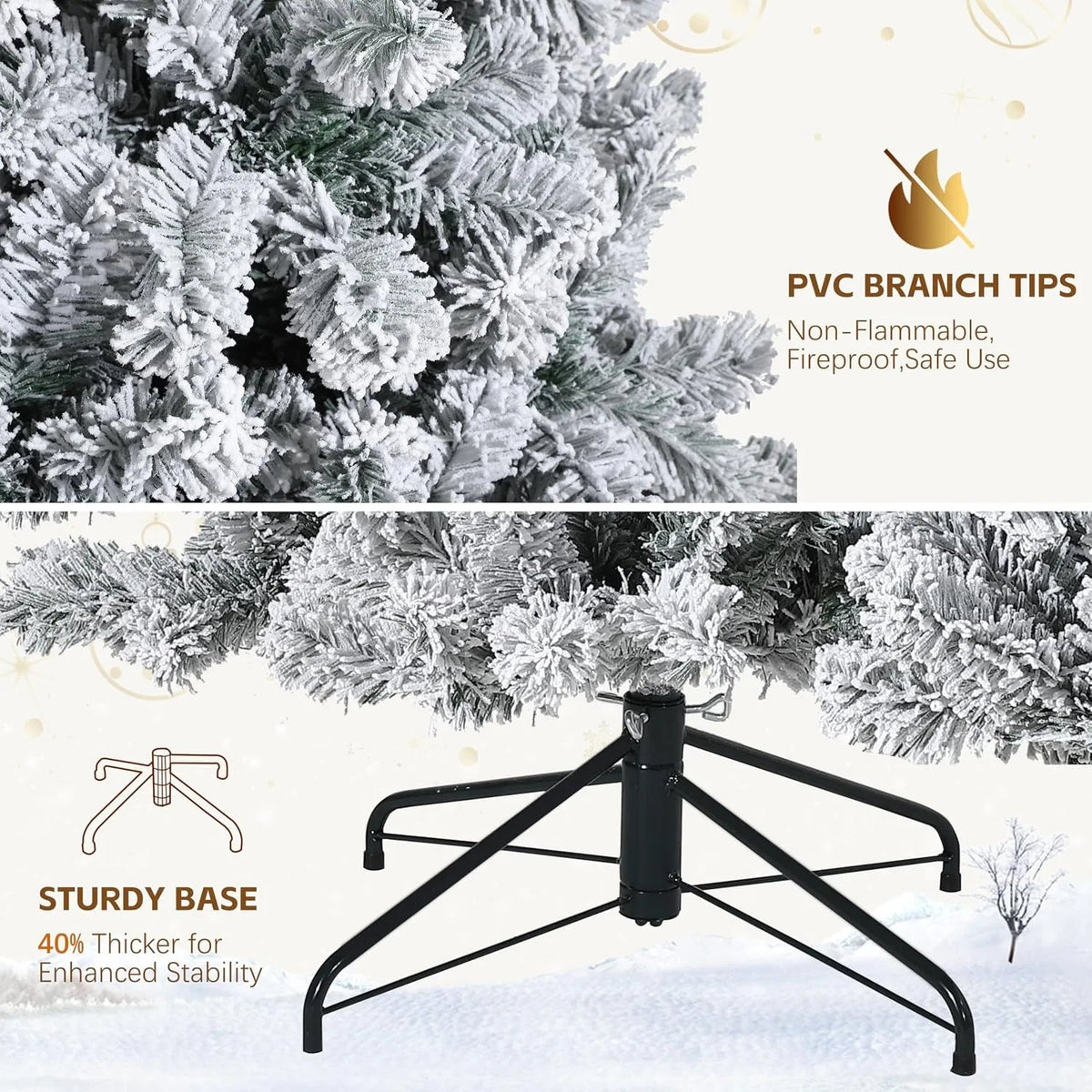 Snow Flocked Pre Lit Artificial Christmas Tree with 400 Built In Lights 6 FT or 7.5 FT PVC Branch Tips Hinged Design Flame Retardant Material Sturdy Base Indoor Xmas Decor