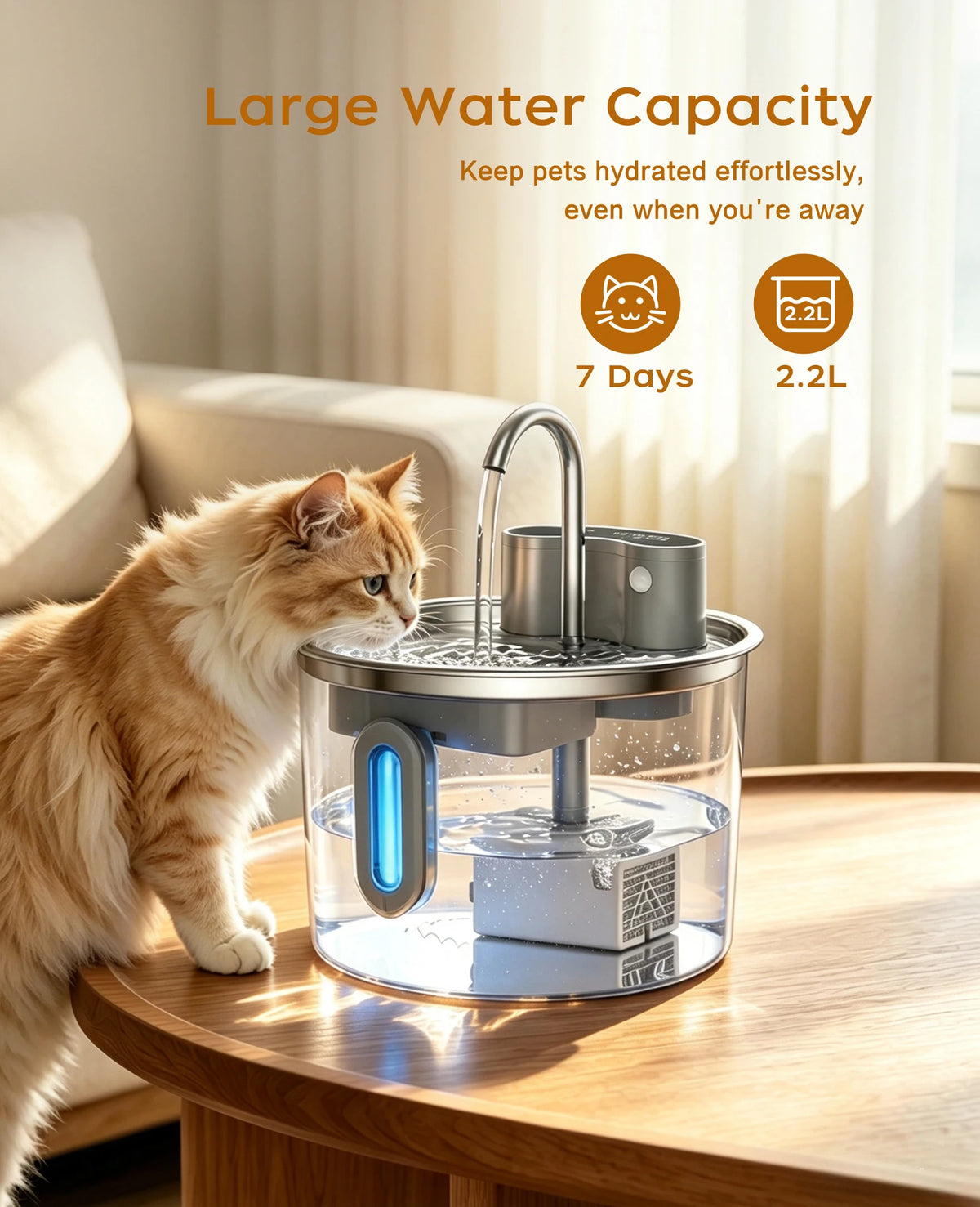 Cordless Stainless Steel Cat Water Fountain 74oz/2.2L, Battery Operated Quiet Automatic Wireless Pet Fountain for Pets Indoor