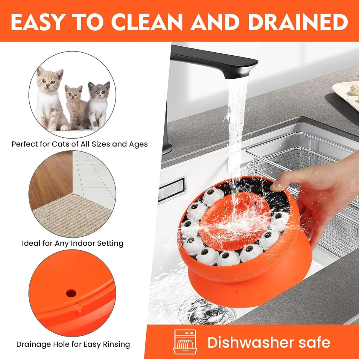 Cat Puzzle Feeder Toy, Interactive Foraging Treat Dispenser Slow Feeder Bowl for Indoor Cats Kittens, Mental Stimulation Boredom Relief Enrichment Feeding Toy, Orange