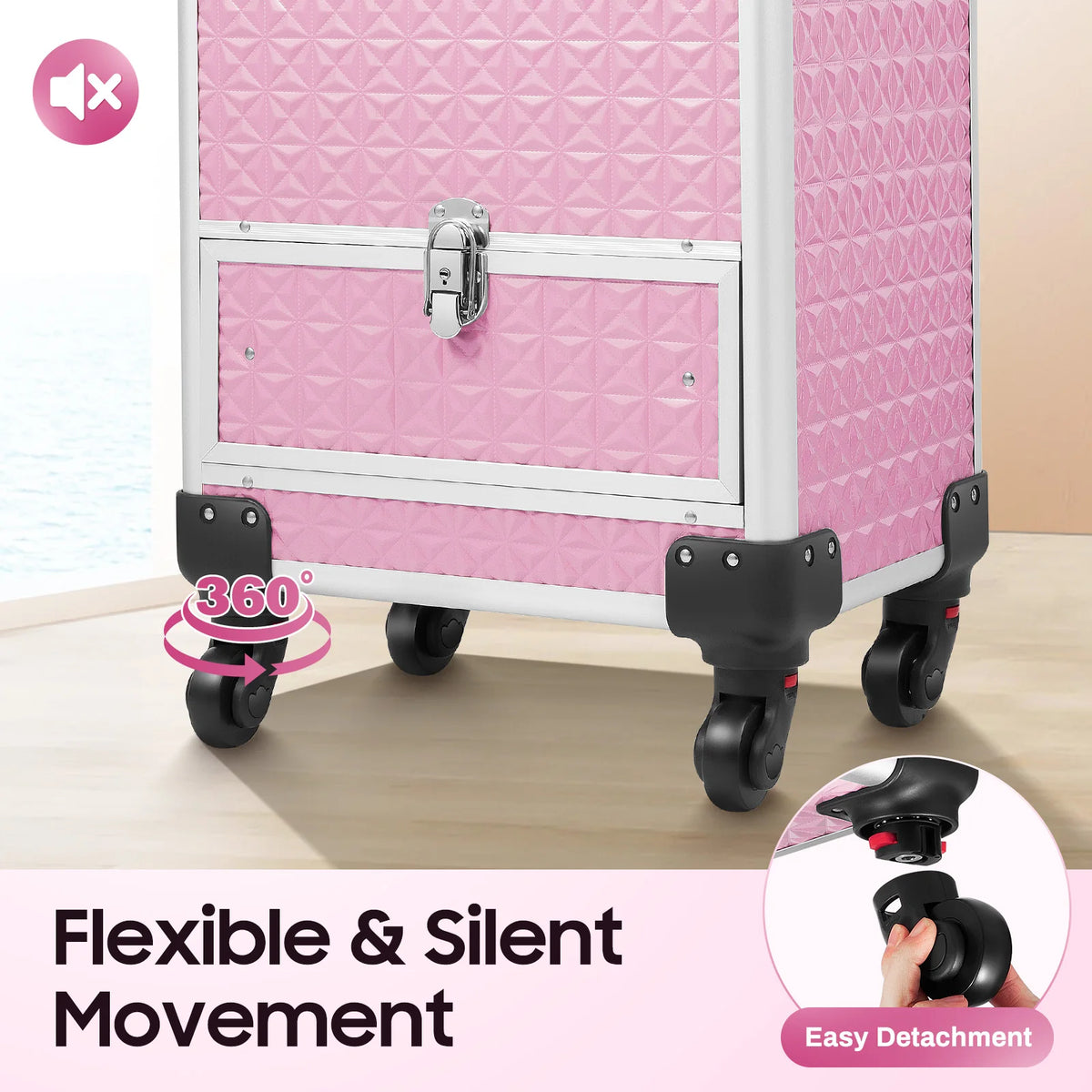 Makeup Trolley Pink Makeup Train Case With 7 Compartments Drawer Durable Aluminum Frame ABS Large Cosmetic Storage Box
