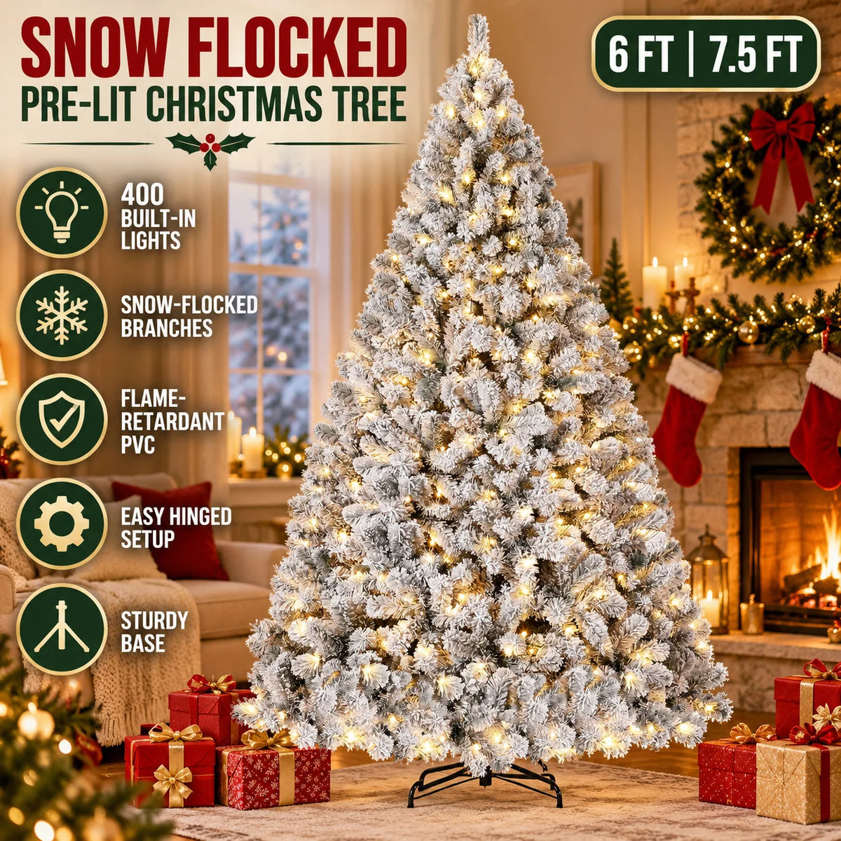 Snow Flocked Pre Lit Artificial Christmas Tree with 400 Built In Lights 6 FT or 7.5 FT PVC Branch Tips Hinged Design Flame Retardant Material Sturdy Base Indoor Xmas Decor