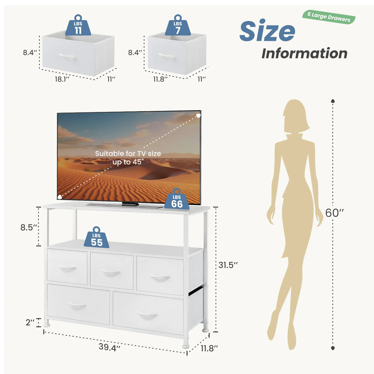 MCQ Modern TV Stand Media Console With Fabric Storage Drawers