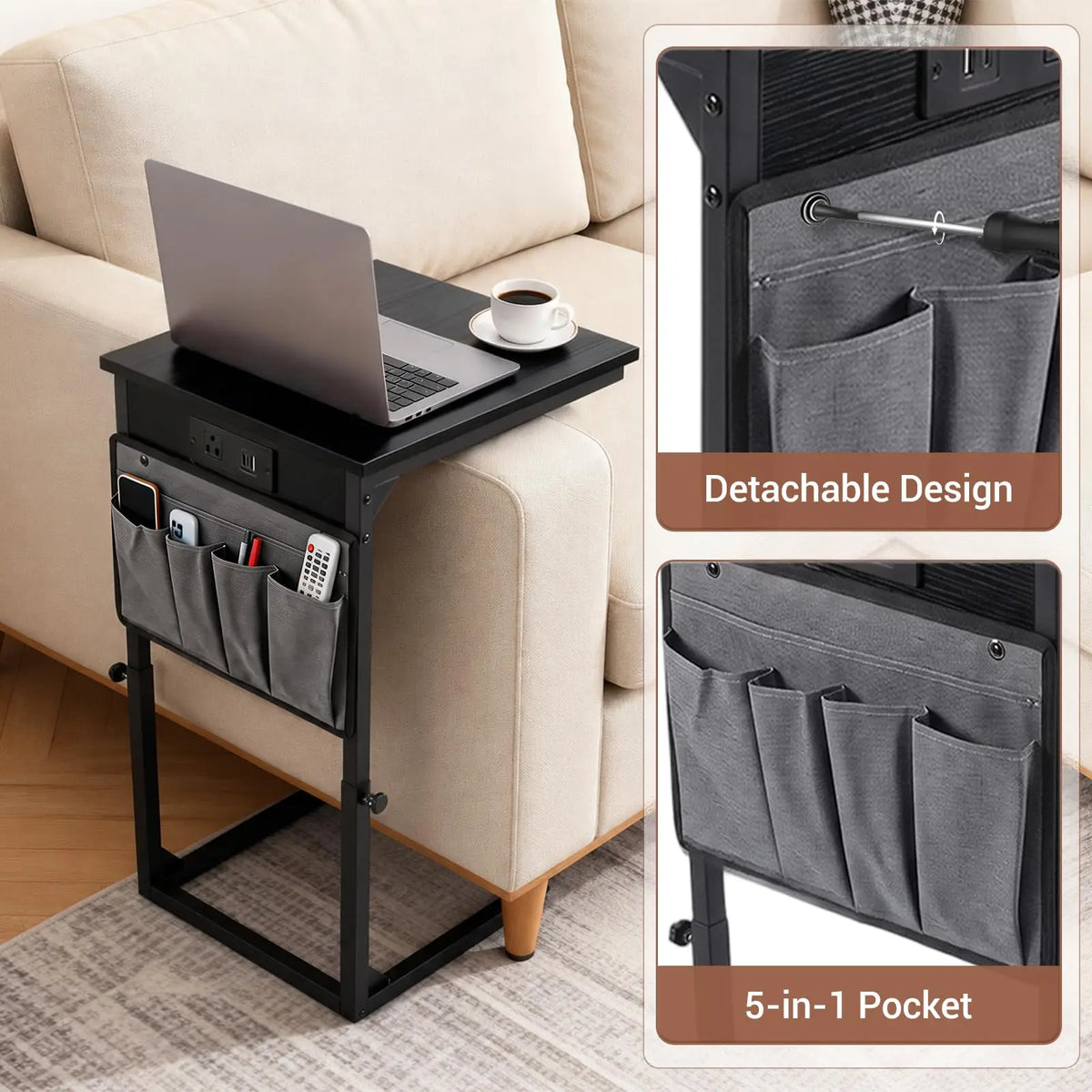 C-Shaped End Table with Charging Station and Power Outlet, Adjustable Height 18-32 Inch Couch Side Table with Hanging Organizer, Multi-Functional Bedside Table for Living Room, Bedroom, Office