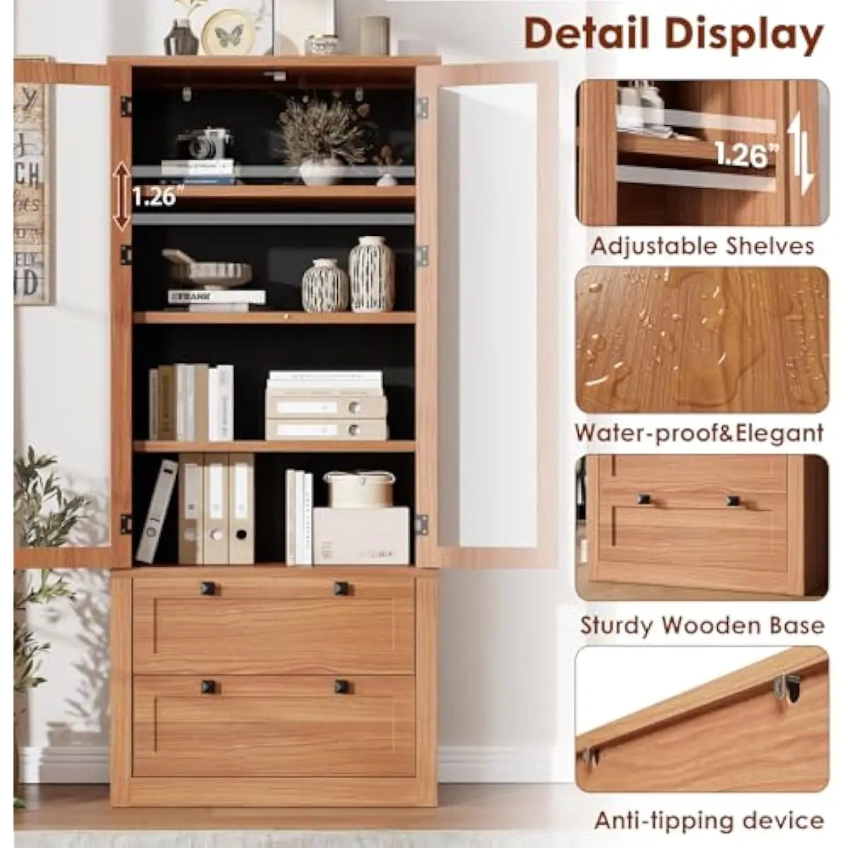 Freestanding Storage Cabinet With Glass Doors Drawers And Adjustable Shelves