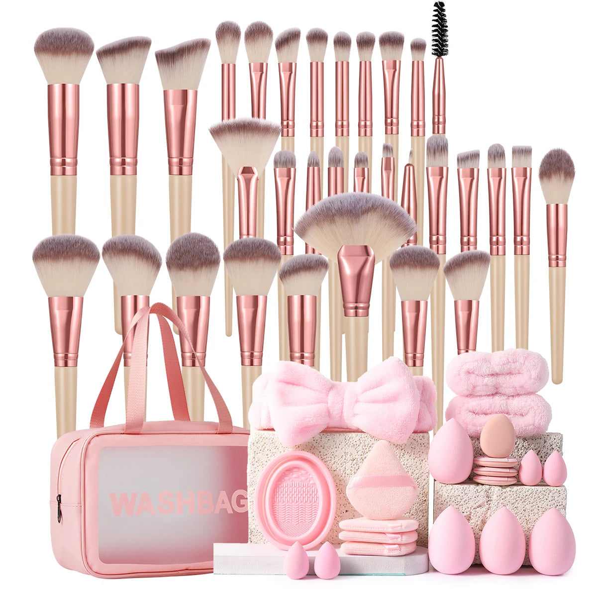 Complete Makeup Brush Set With Sponges And Powder Puffs