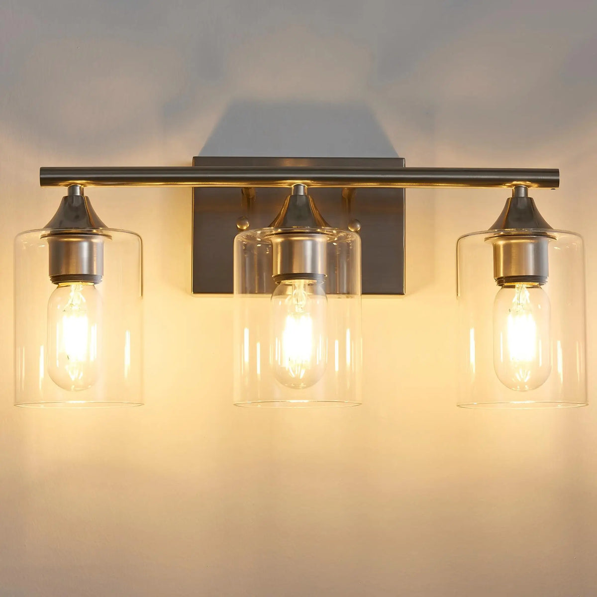 Three Light Brushed Nickel Bathroom Vanity Light With Clear Glass