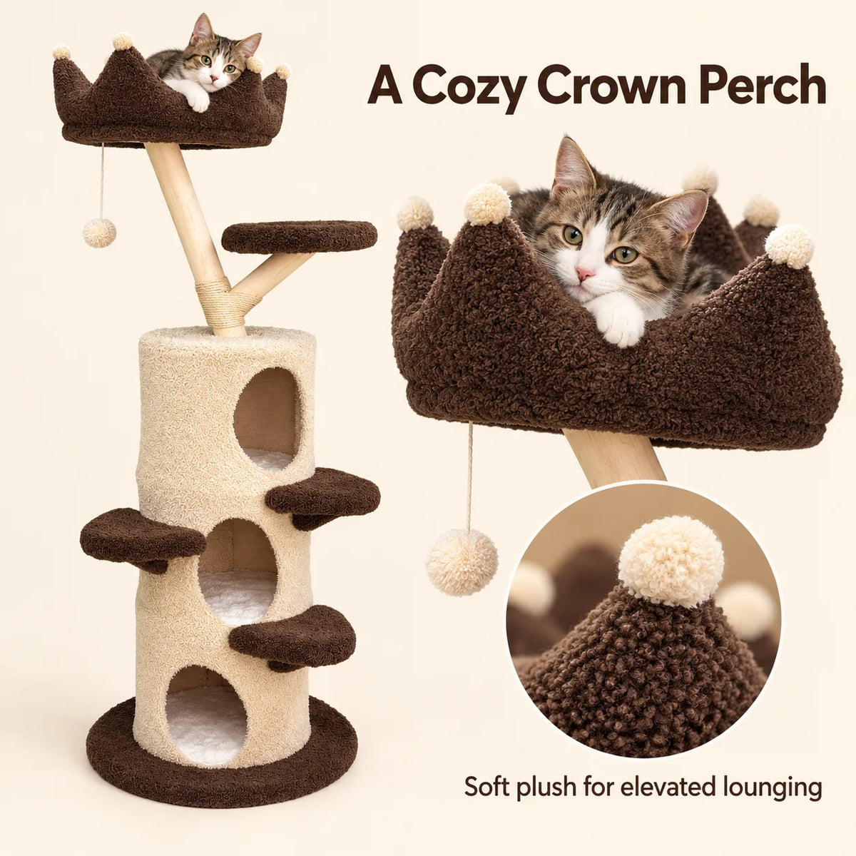 Bingopaw 160 cm Cat Tree for Indoor Cats, Multi-Level Cat Tower with 3 Condos, Crown Top Perch, Scratching Post, Climbing Steps and Hanging Toy, Cream and Dark Brown