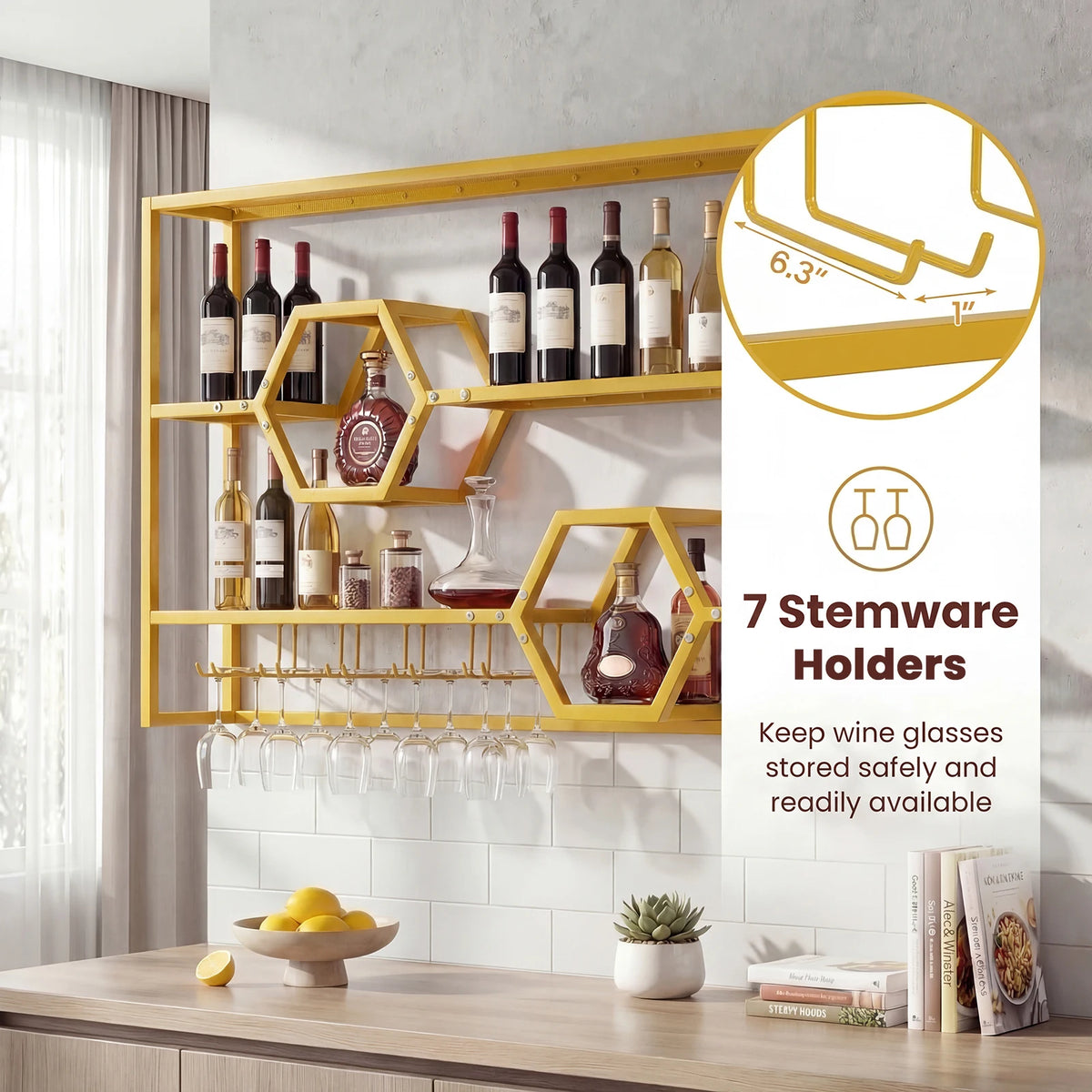HOMASIS Wall Mounted Wine Rack With Glass Holder Bar Shelf