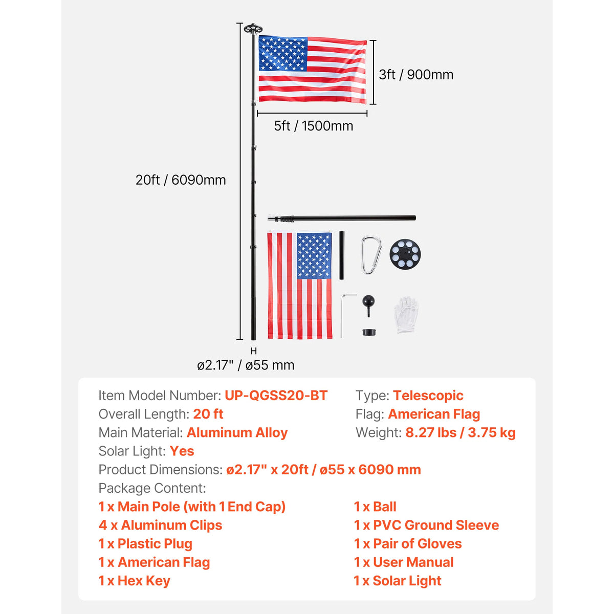 VEVOR Aluminum Flagpole Kit With American Flag For Yard