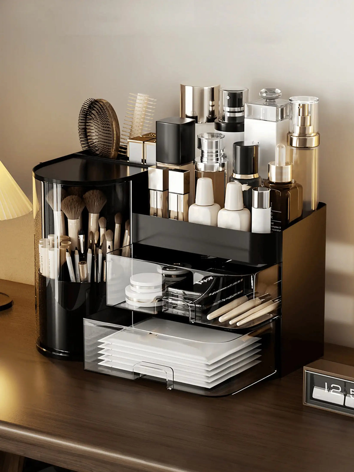 White Makeup Organizer for Vanity, Large Capacity Bathroom Countertop Cosmetic Storage Box with Drawers & Brush Holder, Skincare Organizer for Lipstick, Nail Polish & Eyeshadow