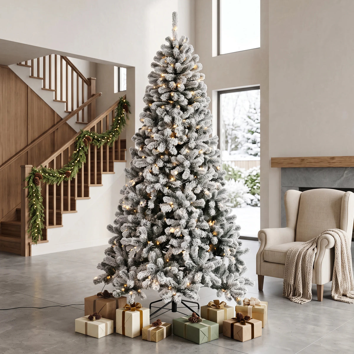 HOMCOM 6ft Flocked Prelit Christmas Tree, Northern Pine, Artificial Xmas Tree with 706 Curved Tips, 250 LEDs, Foldable Steel Base, Green White