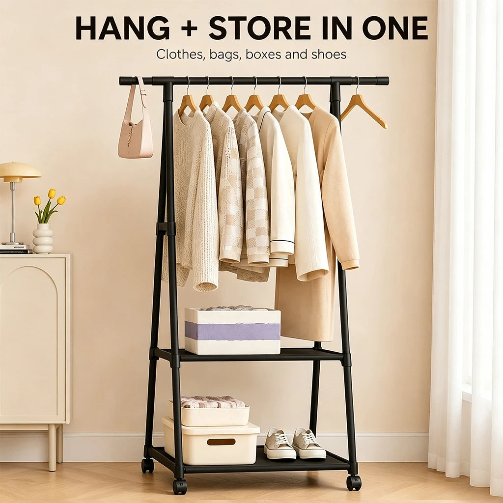 Portable Rolling Clothes Rack with 2 Storage Shelves - Heavy Duty Metal Garment Organizer on Wheels, Freestanding Hanging Stand for Bedroom Closet