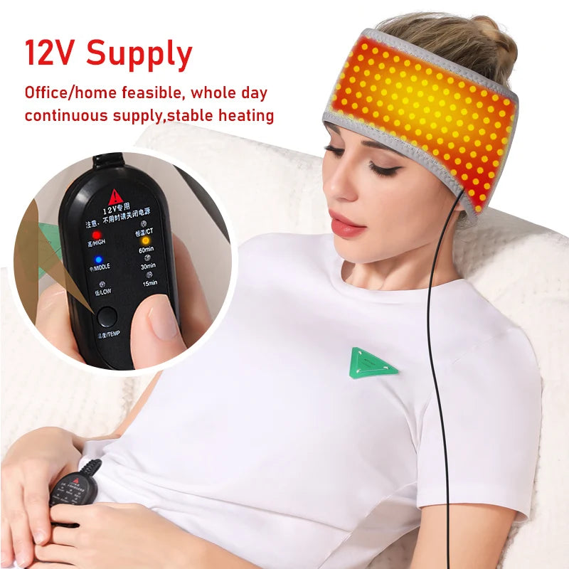 660nm Red Light Heated Headband Full-Wrap Head Massager Red Light 3 Heating Modes Relief Pain Anti-fatigue Helpful for Sleep Forehead Heating Pad Relieve Head Discomfort Home Relax 3 Modes Velcro Adjustable