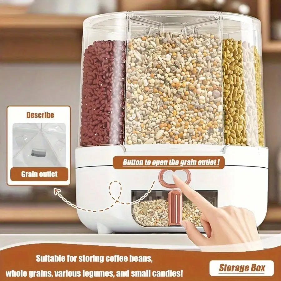 1pc Rice Bucket, Rice Dispenser, Grain Dispenser, 360° Rotating Rice Storage Box, Kitchen Grain Storage Container, 6 Compartments, One-Button Design, Convenient Access To Wheat, Beans And Rice!