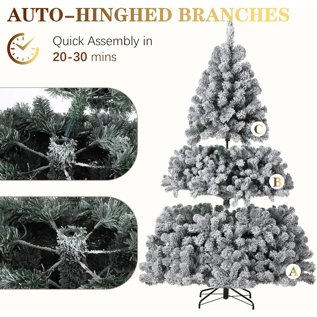 Snow Flocked Pre Lit Artificial Christmas Tree with 400 Built In Lights 6 FT or 7.5 FT PVC Branch Tips Hinged Design Flame Retardant Material Sturdy Base Indoor Xmas Decor