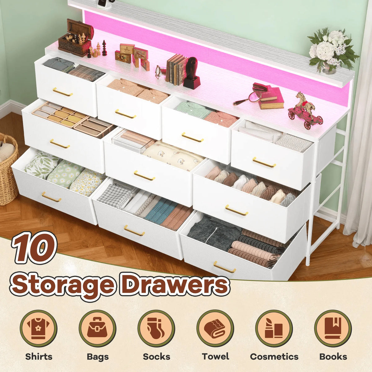 EnHomee 55" Multi-Function Dresser – 10 Spacious Fabric Drawers (Long Drawers), LED Lighting & AC Outlets, Metal Frame – For Bedroom or Hallway